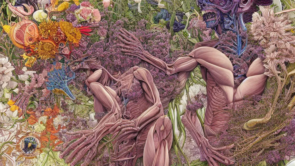 Image similar to highly detailed illustration of a human anatomy body exploded by all the known species of flowers by juan gatti, by moebius!, by oliver vernon, by joseph moncada, by damon soule, by manabu ikeda, by kyle hotz, by dan mumford, by kilian eng