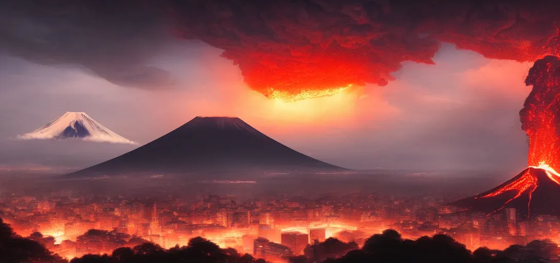 Image similar to view of an ancient japanese city at night, erupting volcanoes in the background, dramatic clouds, glowing fog, dramatic lighting, ultra detailed, sharp, ambient occlusion, raytracing, by greg rutowski, paul chadeisson and jessica rossier