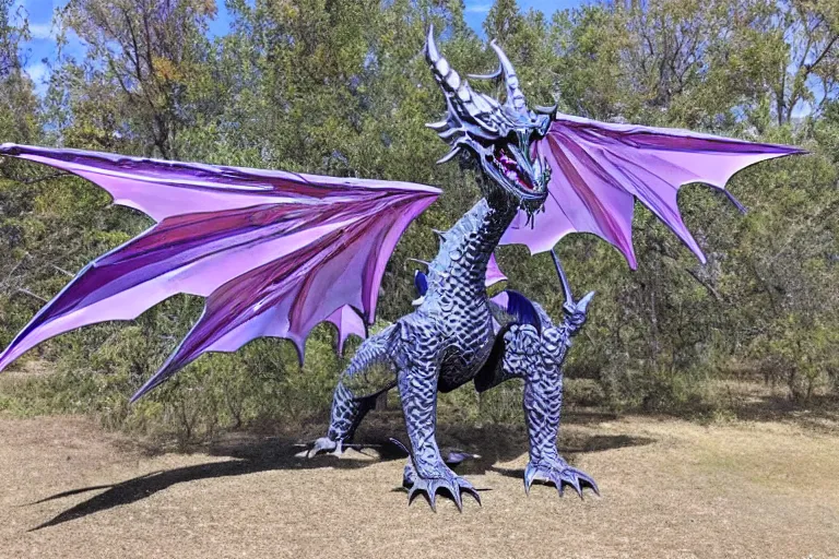 Image similar to 128 foot tall silver western style dragon that has purple accents, 360 foot wingspan, and jagged yet smooth plated scales