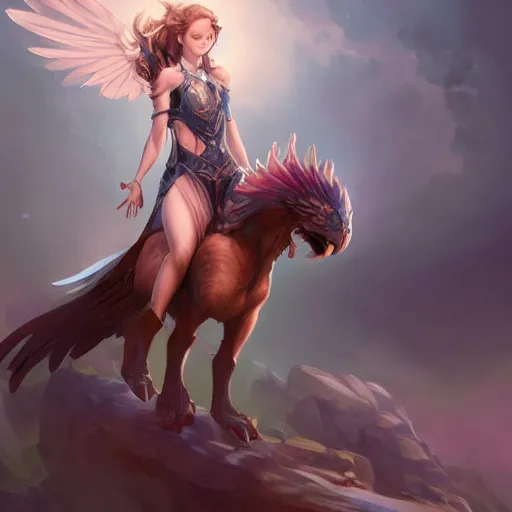 Image similar to Art station concept of a beautiful girl riding a gryphon, symmetrical face, smooth body features, by Stanley Artgerm Lau, WLOP, Rossdraws, James Jean, Andrei Riabovitchev, Marc Simonetti, and Sakimichan, trending on artstation