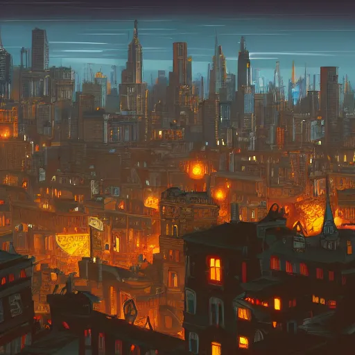 Prompt: view of a city in the style of Arsenixc, night, artstation