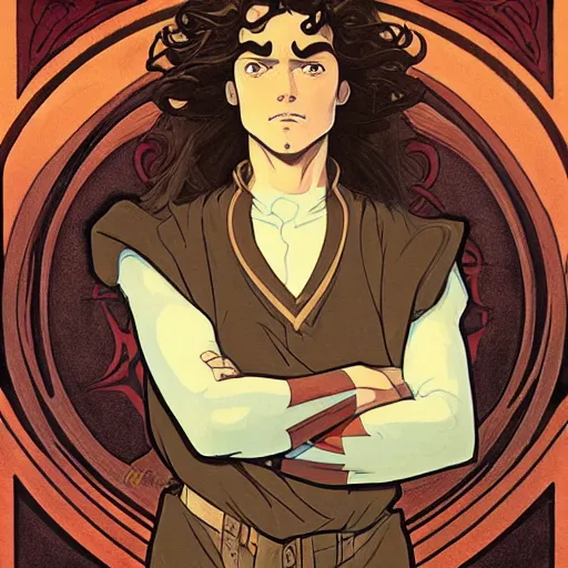 Prompt: art nouveau portrait of a young super hero with curly light brown hair, brown eyes, serious facial expression, gloomy mood, angry, t - shirt, natural lighting, path traced, highly detailed, high quality, cartoon, digital painting, by don bluth and ross tran and studio ghibli and alphonse mucha