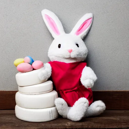 Image similar to a cute easter bunny sitting on a tire, studio photo, high quality