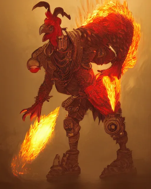 Prompt: Chicken, Anthropomorphized, holding flamethrower, raging, red, Golden Steampunk city atmosphere, magic the gathering artwork, D&D, fantasy, cinematic lighting, centered, symmetrical, highly detailed, digital painting, artstation, concept art, smooth, sharp focus, illustration, volumetric lighting, epic Composition, 8k, art by Akihiko Yoshida and Greg Rutkowski and Craig Mullins, heroic pose, oil painting, cgsociety