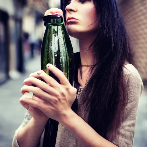 Image similar to photograph of woman holding a bottle in street, fashion shoot, award winning, kodak, 4 k, realistic intricate detail, hyper detail, woman very tired, full body potrait holding bottle, hazel green eyes, realistic, highlydetailed, natural, masterpiece, sharp focus, jennysaville