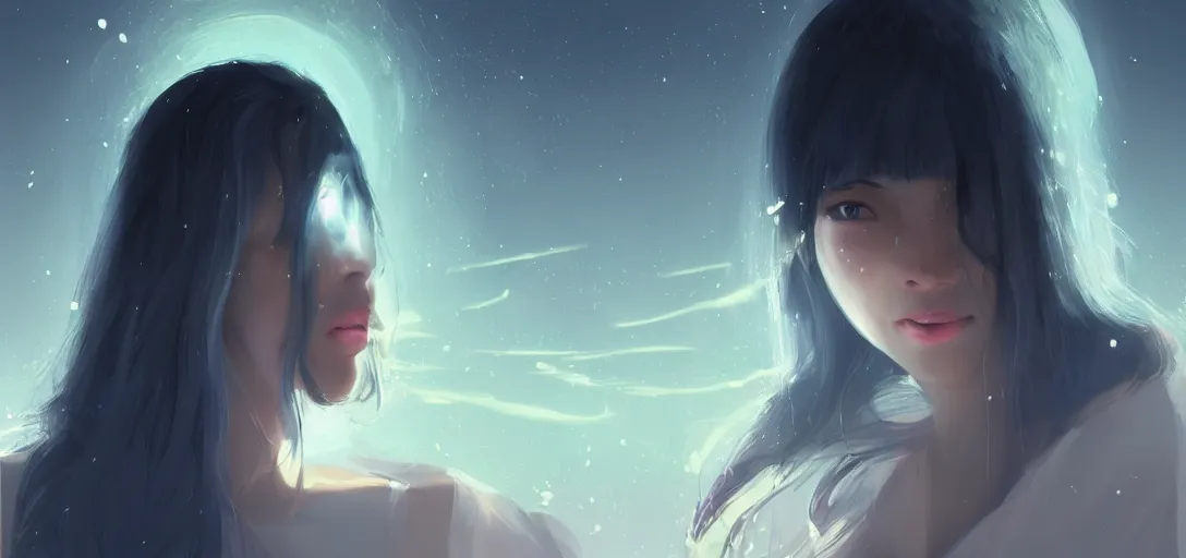 Image similar to Young Himalayan woman floating psychically amused as if discovering her powers for the first time | night time scene, plain walls |light hearted, white eyes, long messy hair | gentle lighting, futuristic, dim lighting, digital art by Makoto Shinkai ilya kuvshinov and Wojtek Fus, digital art, concept art,