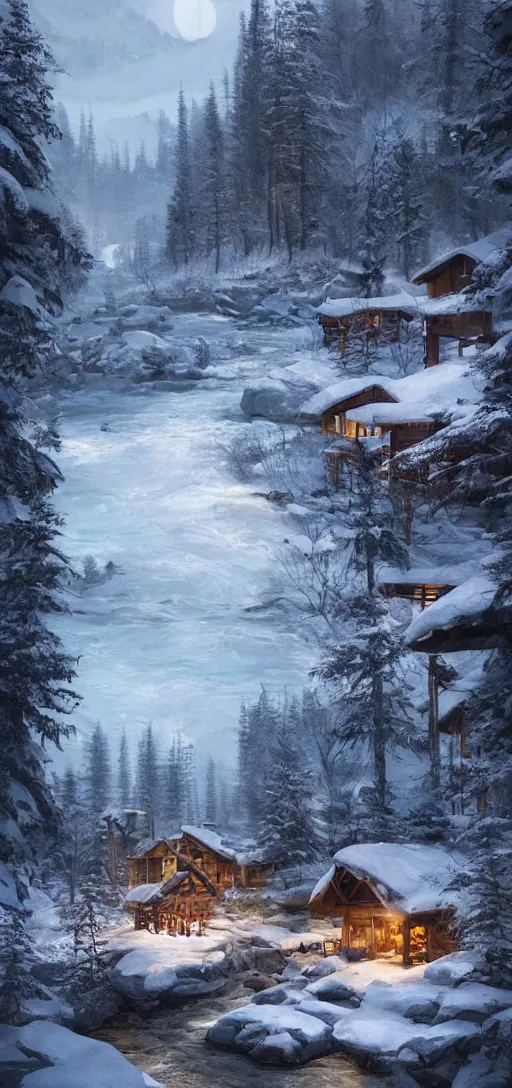 Prompt: cozy lodge beside a river stream in the canadian wilderness in winter, dramatic lighting, cinematic, establishing shot, extremely high detail, photo realistic, cinematic lighting, post processed, concept art, artstation, matte painting, style by eddie mendoza, raphael lacoste, alex ross