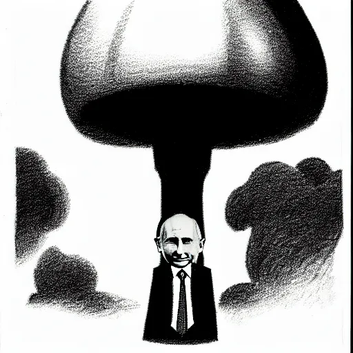 Image similar to vladimir putin with a nuclear mushroom cloud behind him, single subject, editorial style cartoon, ultra detailed pencil drawing