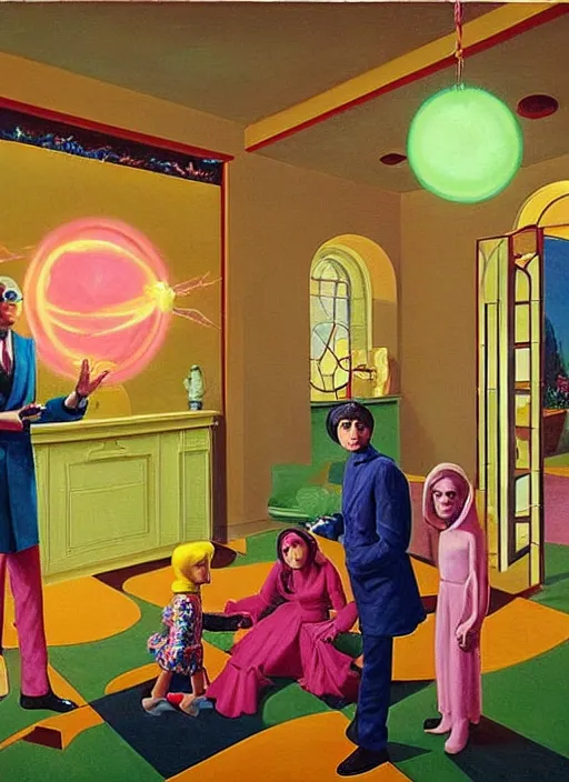 Prompt: painting of a gucci costumed family being shown how to open magic portals by a large glowing alien in their suburban living room maze, designed by gucci and wes anderson, energetic glowing orbs in the air, cinematic look, in the style of edward hopper, james jean, petra collins and mc. escher