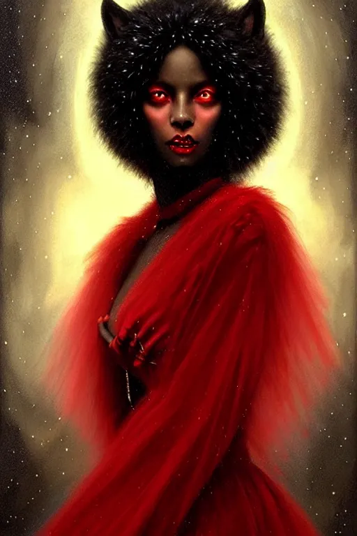 Prompt: Nocturne, glowing, stars, a portrait of black furry shadow monster hybrid woman, highly detailed, mysterious, ethereal, dressed in red velvet, haute couture, illustration, dramatic lighting, soft details, painting, by Edmund Blair Leighton, Brom, Charlie Bowater, trending on artstation, faces by Tom Bagshaw, otto schmidt