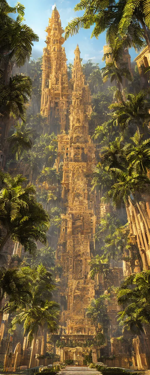 Image similar to photorealistic eye level conteporary babylon tower, golden intricate details, stone facade, sacred ancient architecture, hanging gardens, cascading highrise, arid mountains with lush palm forest, sunlight, post - production, octane, cgi, sfx