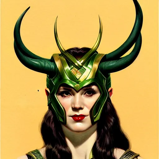 Prompt: head and shoulders portrait of a female Loki with horned helmet, illustration, medium shot, intricate, elegant, highly detailed, digital art, ffffound, art by gil elvgren and sachin teng