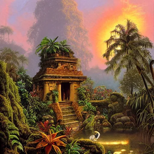 Prompt: a jungle temple surrounded by moss and tropical flowers, with a sunset, by alex horley