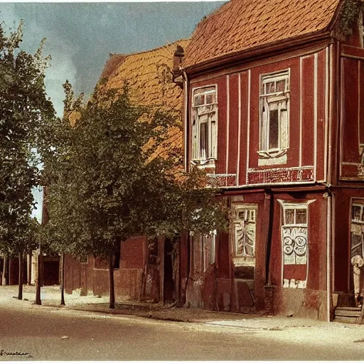 Image similar to Emil Verharn. 1900. Photo in color image. High definition. The city of Sint Amands. Symbolism on old houses.