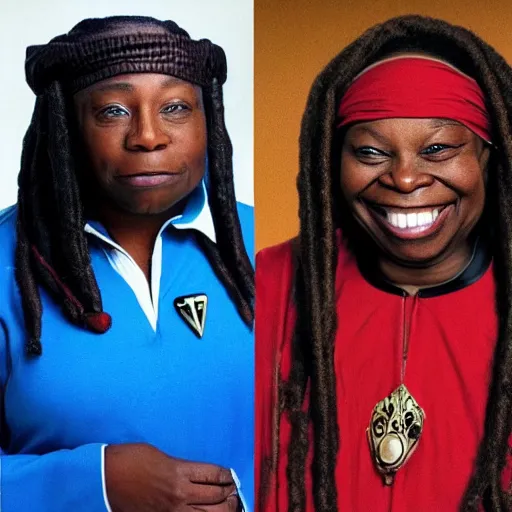 Prompt: photo of a person who looks like a mixture between whoopi goldberg as guinan from star trek and levar burton