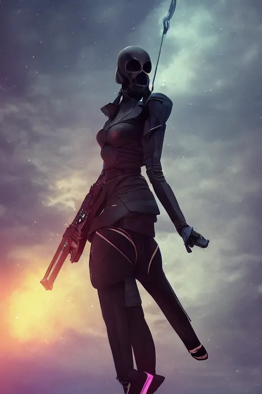 Image similar to Cinestill 50d, 8K, 35mm, beautiful ultra realistic, technology, battle ready grim reaper, retrofuturism, highly detailed, artgerm, artstation, extreme closeup three-quarter android portrait, tilt shift LaGrange point orbit background, three point perspective, focus on portrait of two androids;pointé pose; eye contact, kinemacolor, soft lighting