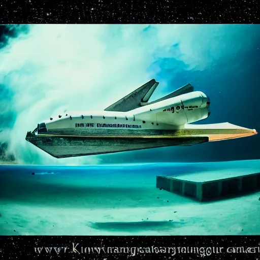 Image similar to dreamlike film photography of a 1880s art nouveau space shuttle made of concrete at night underwater in front of colourful underwater clouds by Kim Keever. In the foreground floats a seasnake. low shutter speed, 35mm