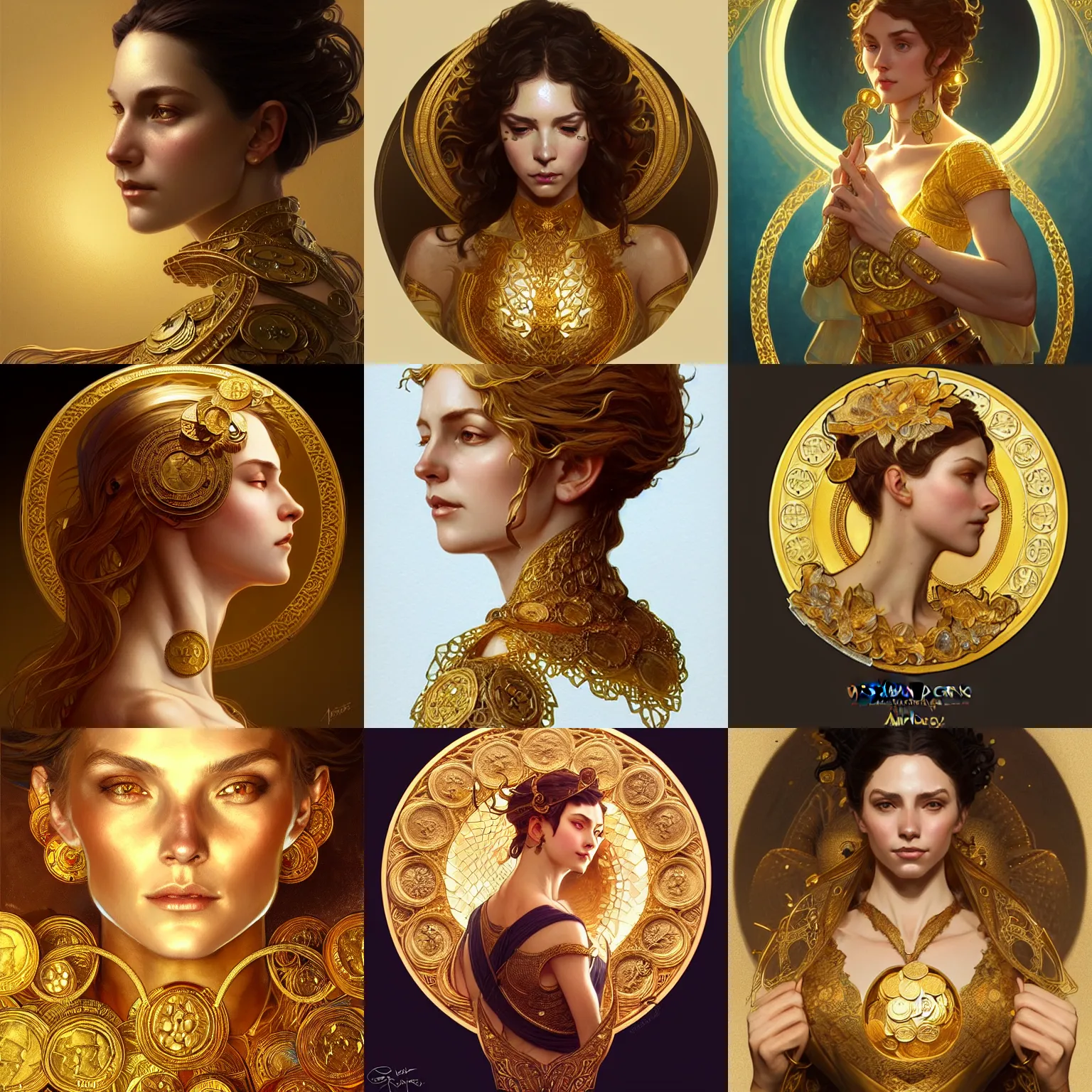 Prompt: woman made from gold coins, D&D, fantasy, intricate, elegant, highly detailed, digital painting, artstation, concept art, matte, sharp focus, illustration, art by Artgerm and Greg Rutkowski and Alphonse Mucha