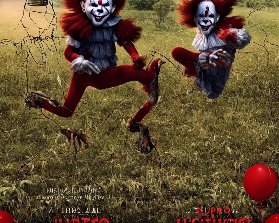 Image similar to a horror movie poster featuring a raidioactive Pennywise jumping through a electric fence