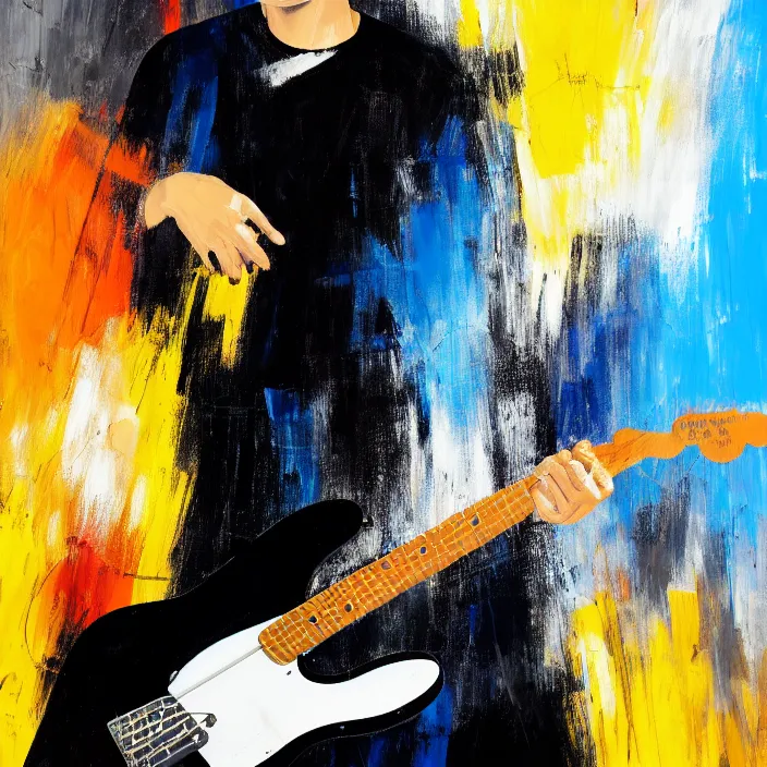 Image similar to large diagonal brush strokes, abstract dark painting of a young korean male musician wearing black tank top holding a telecaster!!! electric guitar!! in a dark room, thick flowing dramatic brush strokes, matte colors, abstract, impressionist, motion, trending on artstation