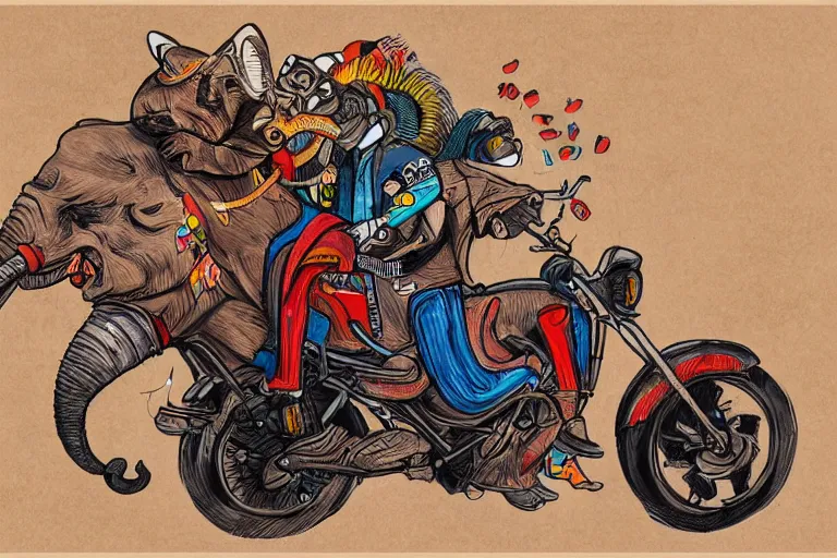 Image similar to a cartoon graffiti illustration of red pandas riding an elephant motorbike by stom 5 0 0