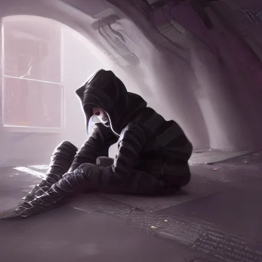 Prompt: Anthropomorphic emo alien boy wearing a hoodie resting on the floor, trending on artstation, ultra detailed, 8k, character illustration by Greg Rutkowski, Thomas Kinkade.