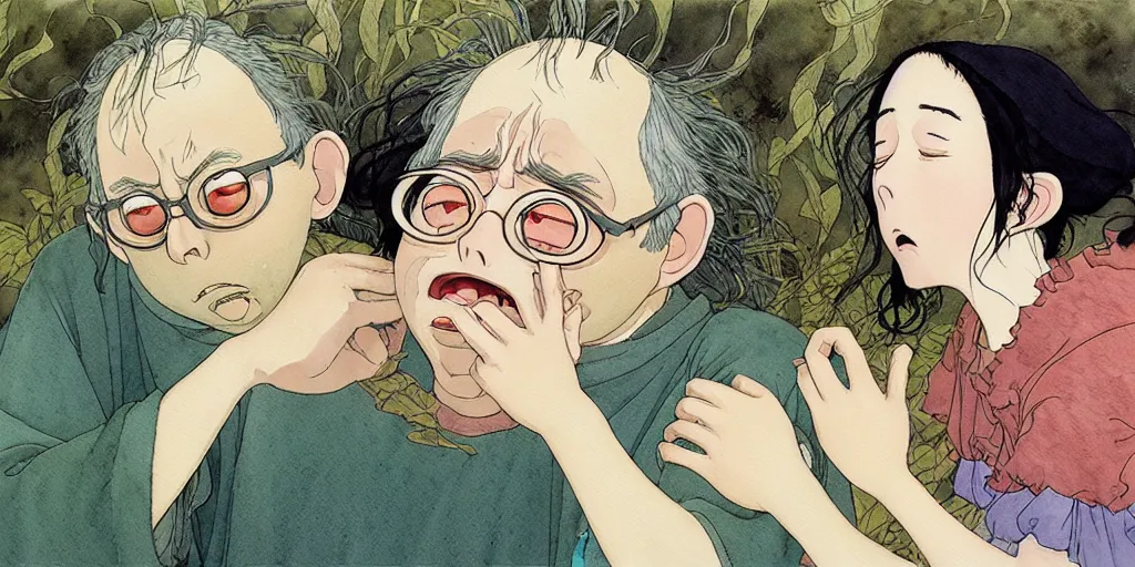 Image similar to a hyperrealist studio ghibli watercolor fantasy concept art of todd solondz crying. by rebecca guay, michael kaluta, charles vess