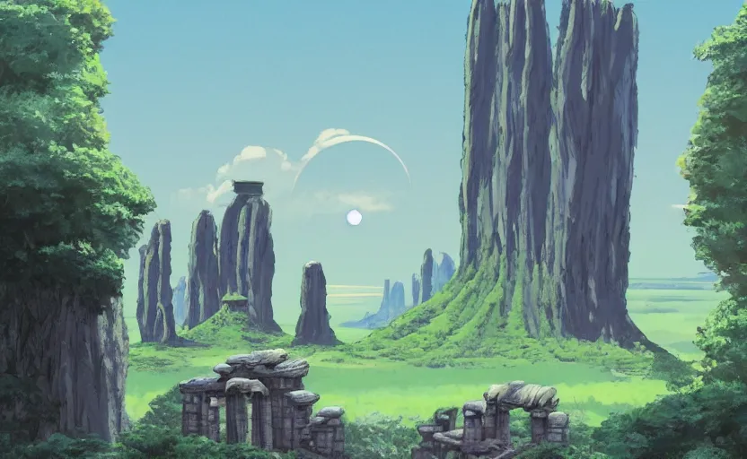 Image similar to a cell - shaded studio ghibli concept art from paprika ( 2 0 0 6 ) of a spaceship from close encounters of the third kind ( 1 9 7 7 ) in a lush temple that looks like monument valley stonehenge jungle. a caravan is in the foreground. very dull colors, portal, hd, 4 k, hq
