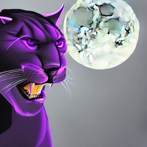 Prompt: render of a large purple panther roaring at night. moon in background. digital drawing, illustration, 4 k, highly detailed, artstation, realistic, dramatic, darkness.