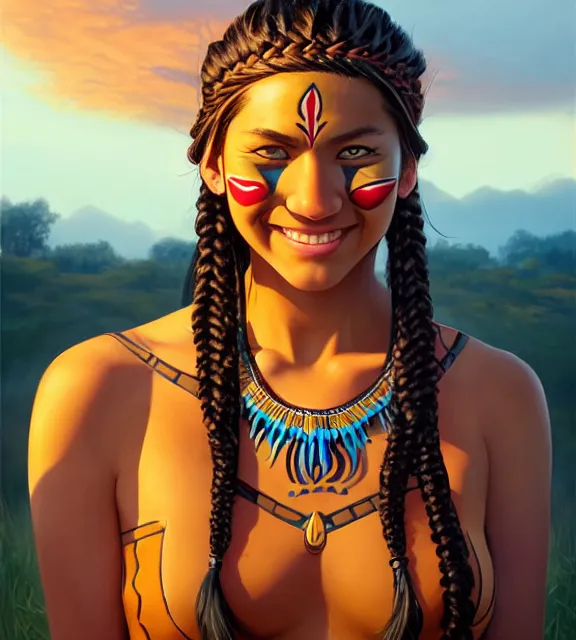 Prompt: in the style of artgerm and Andreas Rocha and Joshua Middleton, pretty Native American young woman with braids and face paint, smile on face, Symmetrical eyes symmetrical face, bead necklace, scenic prairie in background sunrise, natural lighting, warm colors