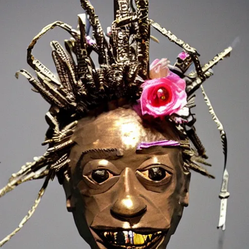 Image similar to papercraft scene made entirely of pipecleaners and crumpled foil of Jean-Michel Basquiat as a full-body bronze baroque statue of Icarus in the posing like a bird for flight, crown of peach roses, flowing pink-colored silk, fabric, flowers. baroque elements, human skull. full-length view. baroque element. intricate artwork by caravaggio. many many birds birds on background. Trending on artstation, octane render, cinematic lighting from the right, hyper realism, octane render, 8k, depth of field, 3D