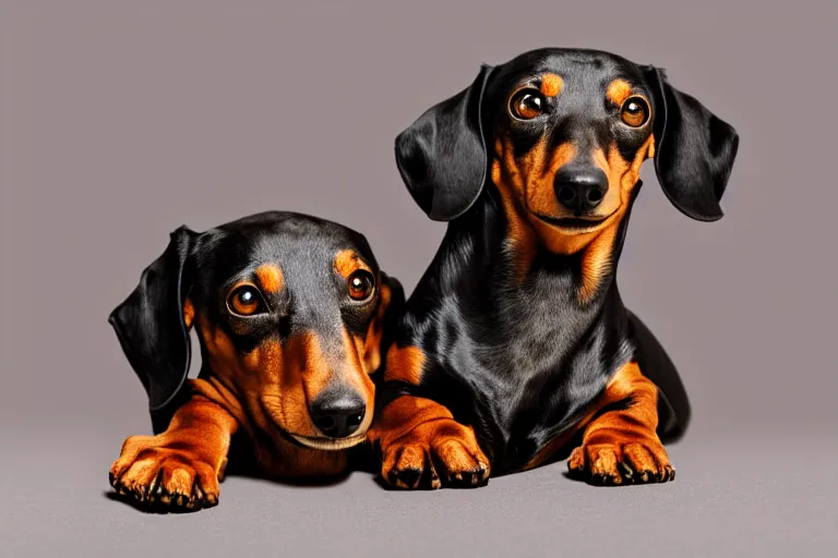 Image similar to Photo of a two-headed dachshund, portrait, 3/4 view, Refined, Detailed professional photo, 50mm lens, Canon eos, blurry distant background, Highly Detailed, Cinematic Lighting, 8k