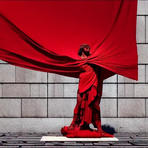 Image similar to a roman statue covered by red cloth that's blowing in the wind, digital art, concept art, cloth simulation with houdini, octane, redshift, 8 k