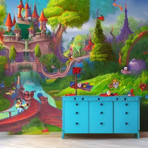 Image similar to a mural wall art design of a storybook fantasyland