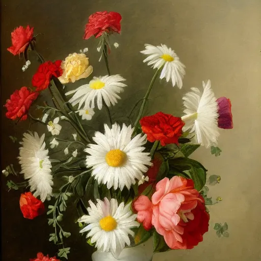 Image similar to a still life of a vase of flowers with a mix of roses daisies and lilies.