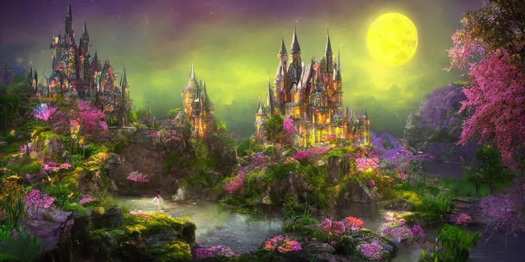 Prompt: a single glittering fairy castle at night, a full moon, water and colourful flowers, extremely detailed oil painting, unreal 5 render, fantasy digital art, octane render, beautiful composition, trending on artstation, award-winning photograph, masterpiece