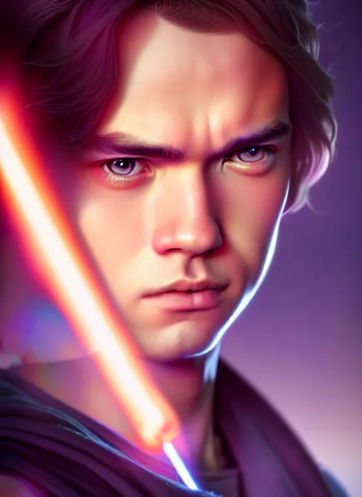 Image similar to a beautiful portrait of anakin skywalker, charlie bowater, ross tran, artgerm, makoto shinkai, detailed, soft lighting, rendered in octane