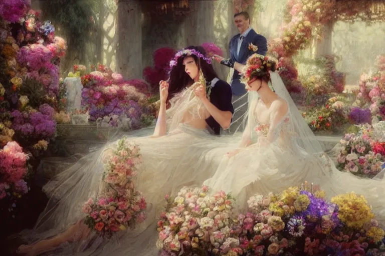 Image similar to the groom look at the bride at a wedding full of flowers, bright and happy, dreamlike art, highly detail, 4 k realistic, wedding photoy krenz cushart, artem demura, yoji shinkawa artgerm, jon lothian, danilo torres. adi meyers. thomas reimann. gaston bussiere.