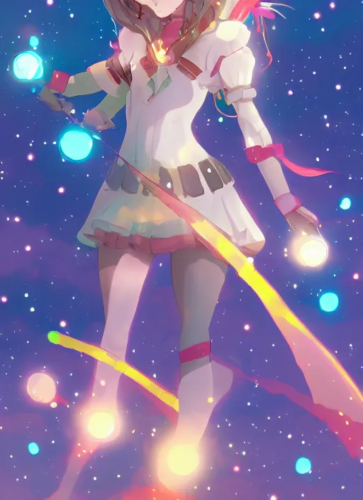 Image similar to a magical girl transformed in a meteor shower, anime, pixiv, artstation