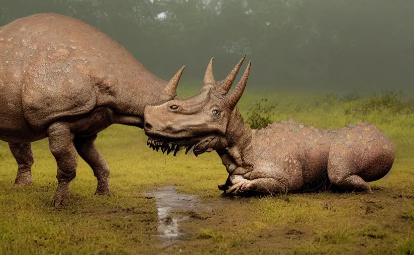 Image similar to nature photography of a rain soaked triceratops and her baby, african savannah, rainfall, muddy embankment, fog, digital photograph, award winning, 5 0 mm, telephoto lens, national geographic, muscular legs, large eyes