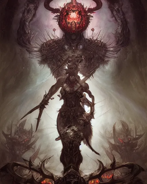 Image similar to Berserker, centered, portrait, symmetrical, Path of Exile, Diablo, Warhammer, digital painting, highly detailed, concept art, Nekro, Peter Mohrbacher, Alphonse Mucha, Brian Froud, Yoshitaka Amano, Kim Keever, Victo Ngai, James Jean