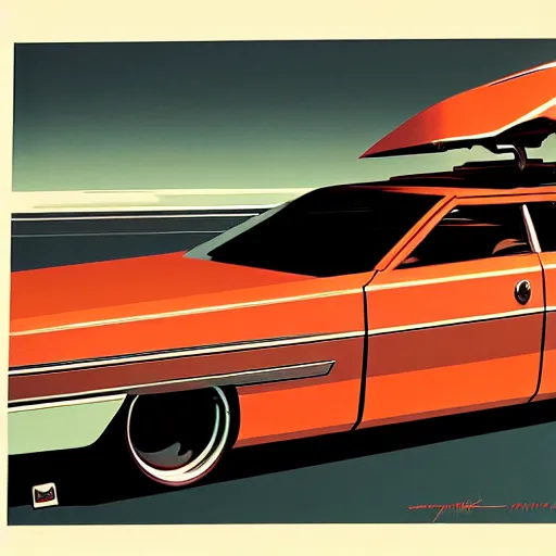 Image similar to concept art for a car with meat smoker trunk, illustrated by syd mead, high quality