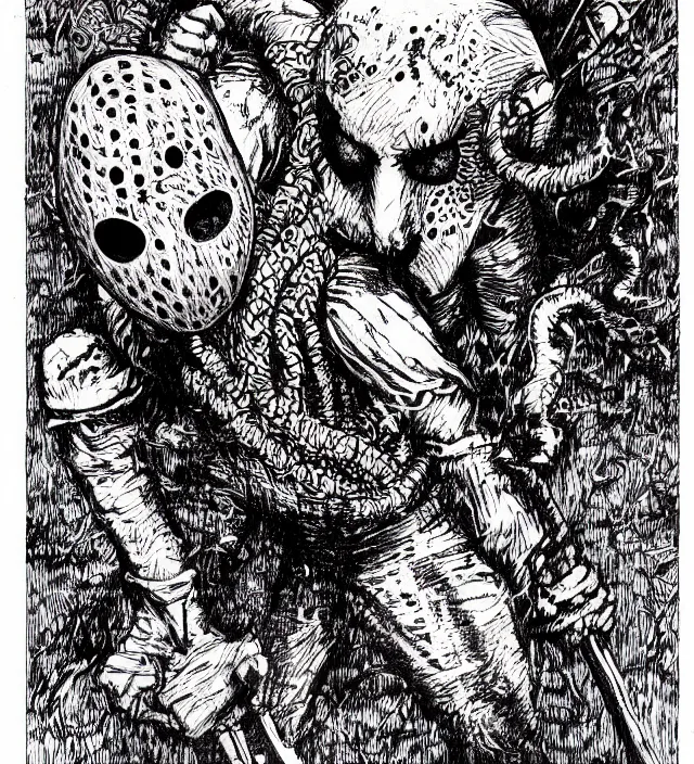 Image similar to Jason Voorhees as a D&D monster, pen-and-ink illustration, etching, by Russ Nicholson, DAvid A Trampier, larry elmore, 1981, HQ scan, intricate details, high contrast