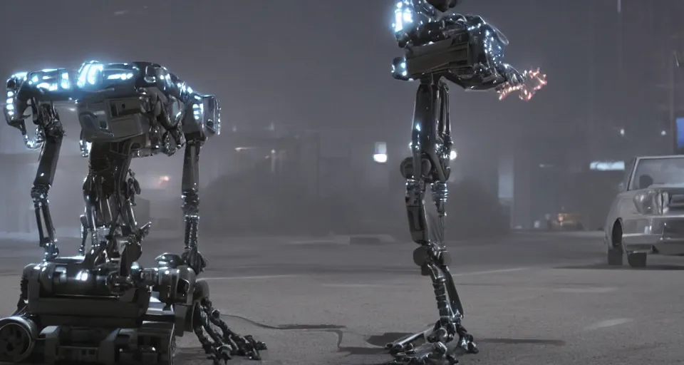 Image similar to movie still johnny 5 from short circuit vs the terminator endoskeleton, cinematic lighting, epic composition, film grain,