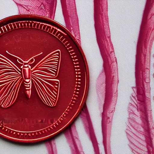 Prompt: red currency depicting a moth,