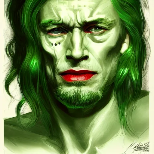 Prompt: peter otoole, green hair, white face, red lips, portrait, realistic, concept art, lee bermejo