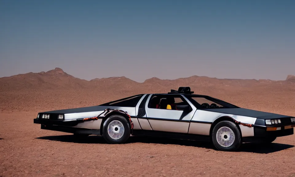 Image similar to photo of a delorean standing in the desert