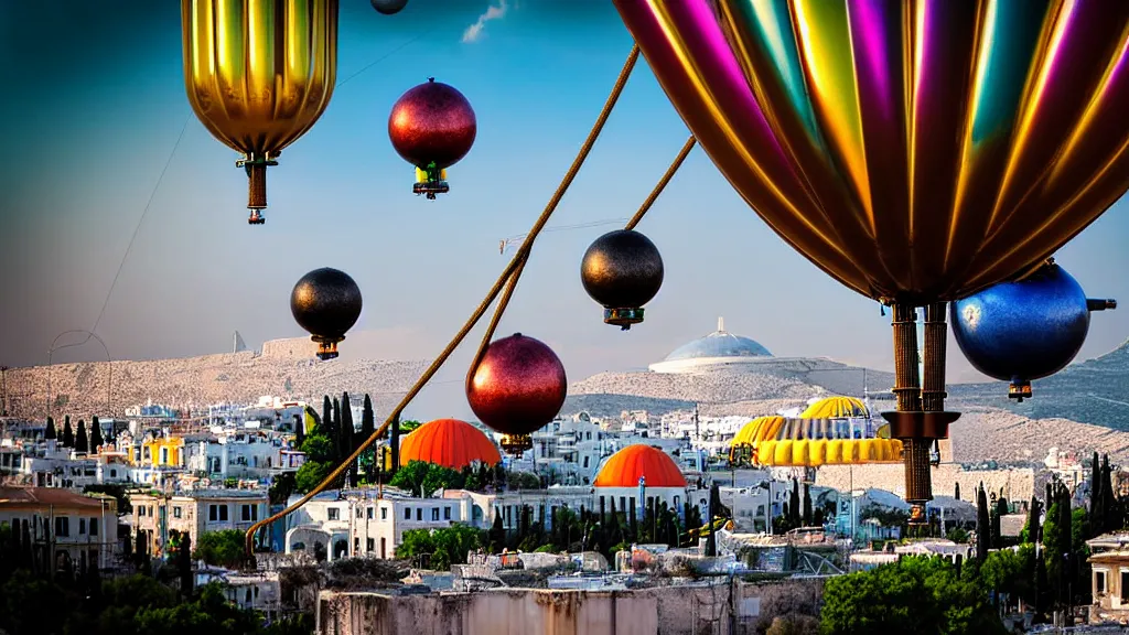 Image similar to large colorful futuristic space age metallic steampunk steam - powered balloons with pipework and electrical wiring around the outside, and people on rope swings underneath, flying high over the beautiful athens city landscape, professional photography, 8 0 mm telephoto lens, realistic, detailed, photorealistic, photojournalism