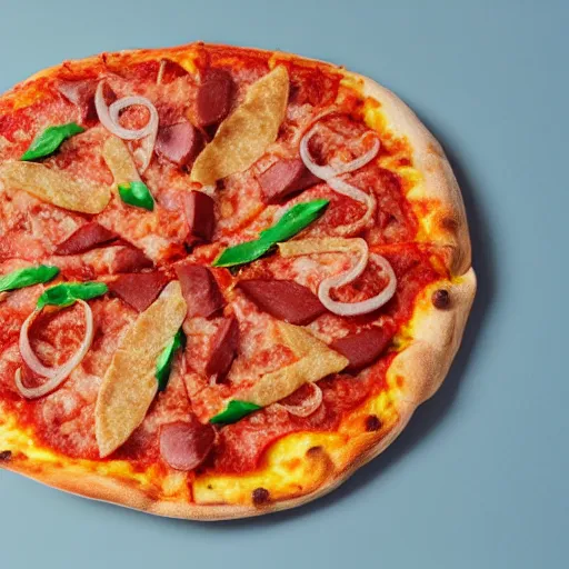 Prompt: Frozen Pizza with Hamburger,new product by Dr.Oetker,promotional picture,studio lighting,high quality