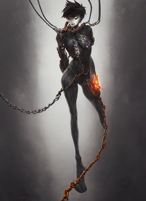 Prompt: full body horror painting of tracer from overwatch, in style of zdzisław beksinski, horror, 4 k, feminine facial features, silhoutte, black, dark, black armor, detailed face, tall, ropes and chains,